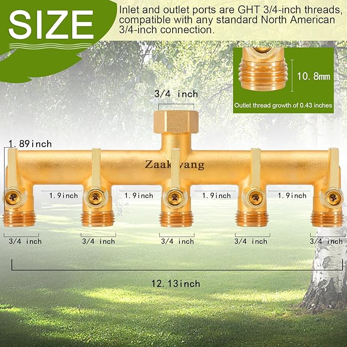 Heavy Duty 5 - Way Garden Hose Splitter, 3/4” Hose Manifold, Outdoor Hose Adapter Connector with 5 Metal Extra Long Handle Metal Faucet Adaptor