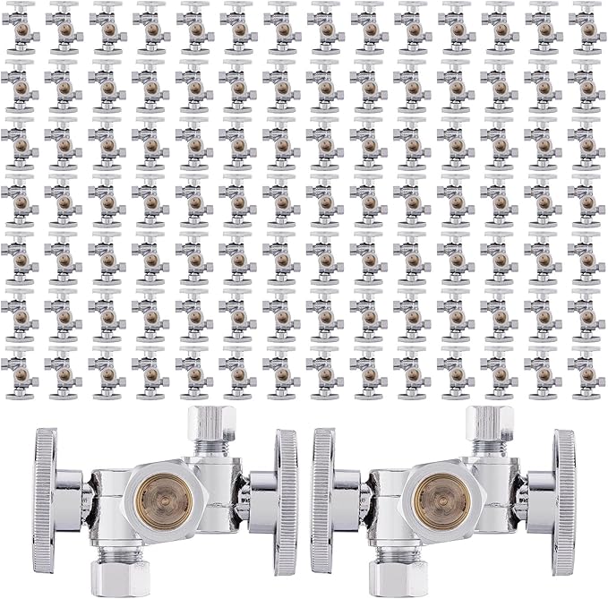(Pack of 100) EFIELD 1/4-Turn Dual Compression Outlet Angle Stop Valve with 2 Shut Off Valve/Handles, 1/2" NOM (5/8" OD) x (3/8 inch x 1/4 inch) Chrome For Faucet Toilet,(VALVE137-100PCS)