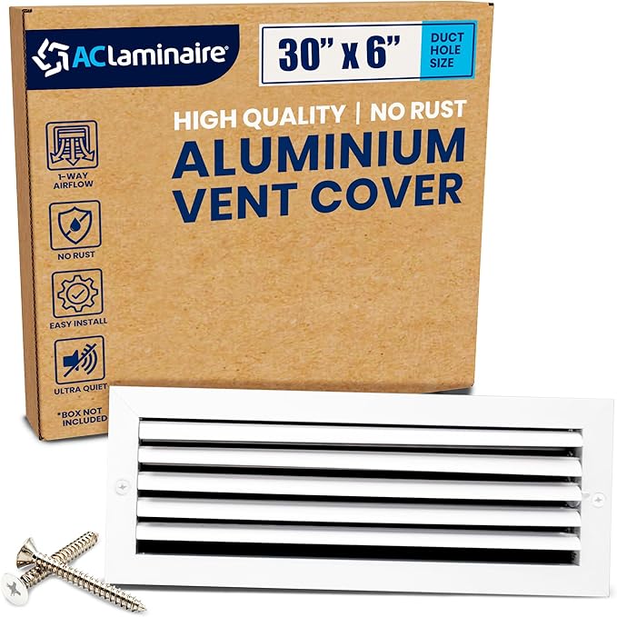 30x6 Inch (Duct Opening) Aluminum 1-Way Air Flow Vent – HVAC Vent Cover for Wall or Ceiling – Quiet HVAC Wall Register with Multi-Shutter Damper – Adjustable Curved Blade - Plastic Seal for Tight Fit