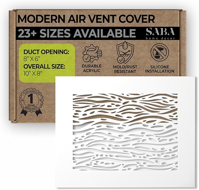 SABA Home Decor White Air Vent Cover - Acrylic Plexiglass 6 x 8 Duct Opening (8 x 10 Overall) Return Grille Decorative Covers for Walls & Ceilings NOT for Floor USE, Waves