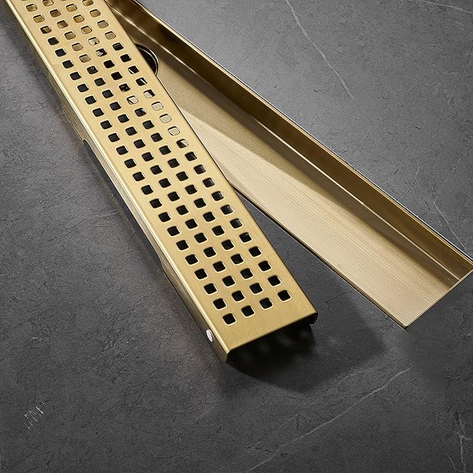 Linear Shower Floor Drain, Brushed Gold 48 Inch 304 Stainless Steel Bathroom Drains Kit, Long Rectangular Shower Trench Drain with Square Pattern Drain Cover & Hair Catcher