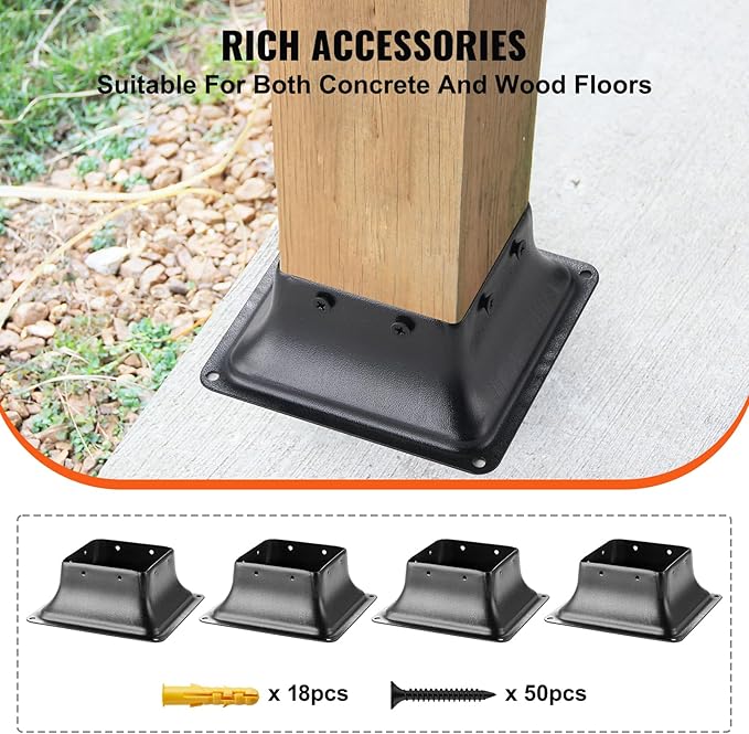 VEVOR 4x4 Post Base 4Pcs, Internal 3.6"x3.6" Heavy Duty Powder-Coated Steel Post Bracket Fit for Standard Wood Post Anchor, Decking Post Base for Deck Porch Handrail Railing Support