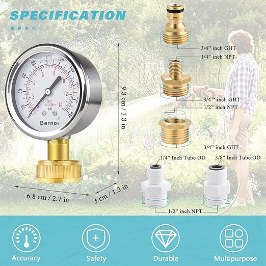 Water Pressure Gauge Kit, Glycerin Filled Test with Lead-Free Brass Hose Fittings, 3/4'' Female Coupler Plus 5 Adapters to in Multiple Systems, 2-2/3'' dial, 0-200 Psi
