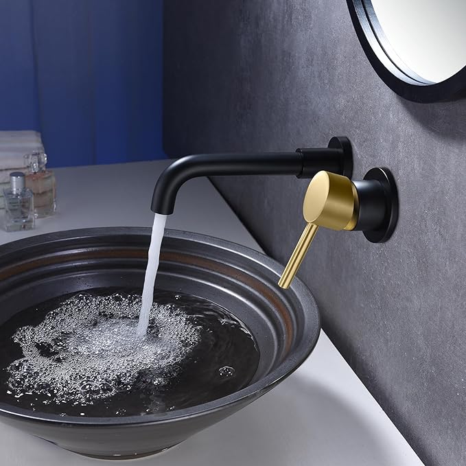 SUMERAIN Wall Mount Bathroom Faucet Black and Gold Wall Mount Faucet for Bathroom Sink, with Two Handles and Rough in Valve