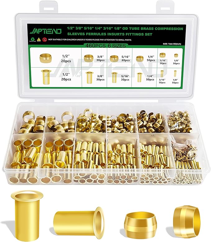 460pcs Brass Compression Sleeves Ferrules Inserts Fittings Assortment Kit, 1/2" 3/8" 5/16" 1/4" 3/16" 1/8" 6 Sizes Hose Repair Kit of Air Water Fuel Oil Gas Tube Lines
