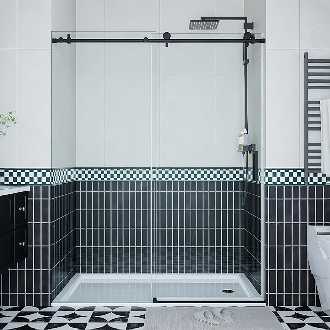 Semi-Frameless Sliding Shower Door - 44 to 48 Inch Adjustable Width x 76 Inch High, 6mm Coated Tempered Glass with Easy Clean, One Fixed & One Sliding Panel, Stainless Steel Round Rail, Matte Black