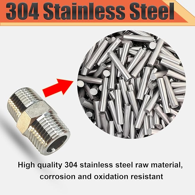 2pcs 1/4" Male X 1/4" Male Pipe Hex Nipple, 304 Stainless Steel 1/4 inch NPT Male Threaded Short Equal Nipple Connector, Heavy Duty Straight Male Pipe Fitting Adapter (1/4", 2pcs)