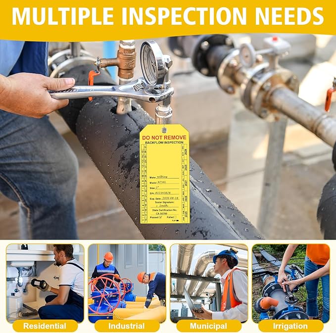 100 PCS Waterproof Backflow Inspection Tags 2.6 x 5.2 Inch Heavy Duty 18 Mil Writable Plastic Tags with Iron Wire & Pen Double-Sided Printing Pre-Punched Holes Maintenance Record for Backflow (Yellow)
