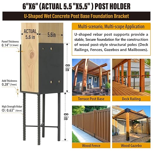 6"x6"(Actual 5.5"x5.5") Stainless Steels U-Shape Post Holder, Wet Concrete Post Anchor, Heavy-Duty Post Base Bracket for Fence, Deck Railing, Wood Gazebo, Pergola (2pack-Dark Gray)