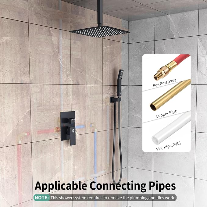 SR SUN RISE 12 Inch Ceiling Mount Matte Black Shower System Bathroom Luxury Rain Mixer Shower Faucet Set Ceiling Rainfall Shower Head System Faucet Trim Repair Kits Rough-in Valve and Trim Included