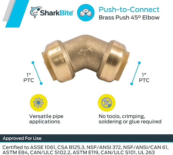 SharkBite 1 Inch 45 Degree Elbow, Push to Connect Brass Plumbing Fitting, PEX Pipe, Copper, CPVC, PE-RT, HDPE, U660LFA