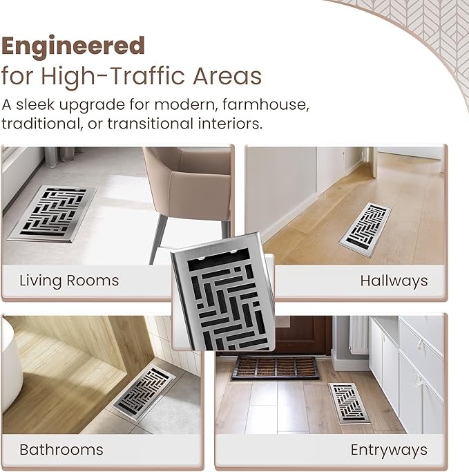 Floor Register 4x10 Vent Cover – 2 Pack – Heavy-Duty Steel, Rustproof & Walkable Grates, Easy Drop-in Install, Adjustable Air Supply Switch - Decorative Herringbone Design, Brushed Nickel