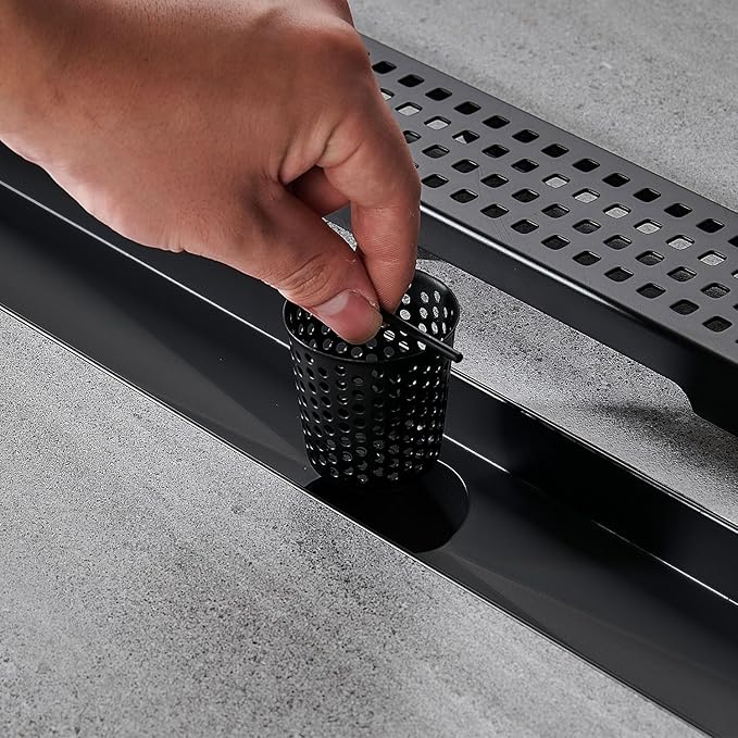 Linear Shower Floor Drain, Matte Black 24 Inch 304 Stainless Steel Bathroom Drains Kit, Long Rectangular Shower Trench Drain with Square Pattern Drain Cover & Hair Catcher