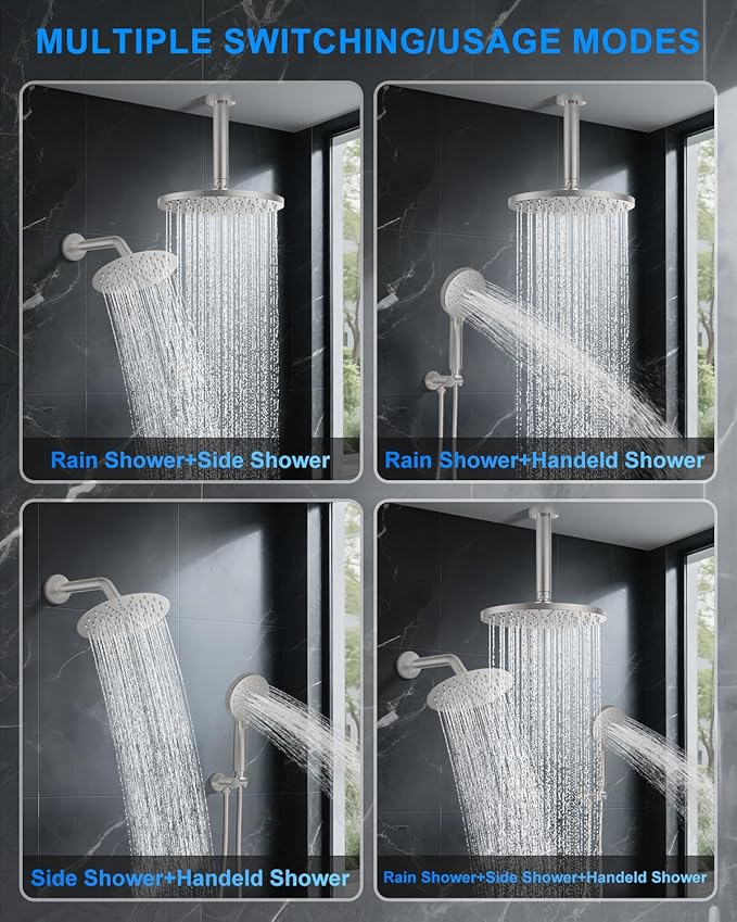Shower System with Pressure Balance Valve, 10" Ceiling Mount Shower Faucet Set with 2 Rain Head and Multi-function Handheld Push Button Diverter Valve Kit,Brushed Nickel