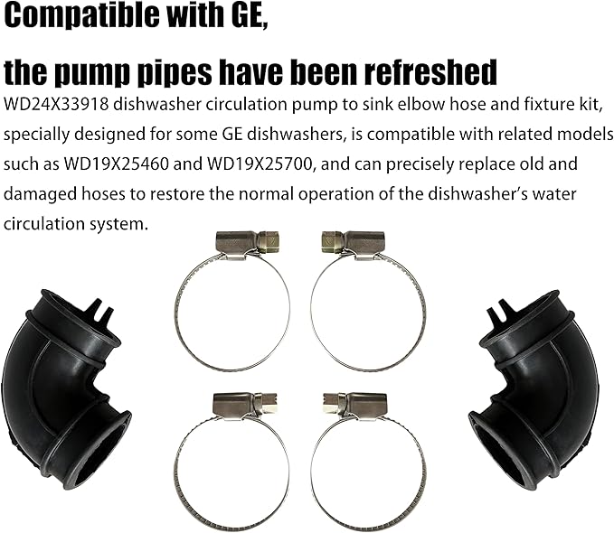 2Pcs WD24x33918 Dishwasher Circulation Pump Elbow Hose And Clamp Kit For GE Dishwasher drain hose WD19X25460 WD19X25700 dishwasher elbow hose kit,dishwasher pump to sump elbow hose