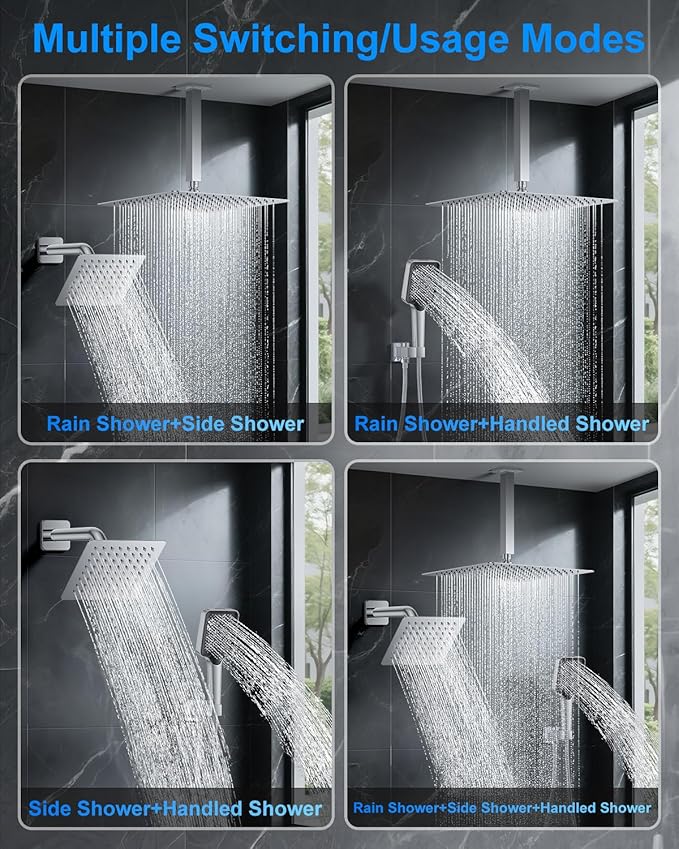 Shower System with Pressure Balance Valve, 12" Ceiling Mount Shower Faucet Set with 2 Rain Shower Head And Multi-function Handheld Head Push Button Diverter Pressure Balancing Valve Kit,Chrome
