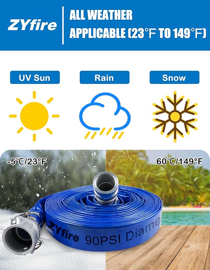 ZYfire Backwash Hose - 1-1/2" x 100 FT PVC Lay Flat Discharge Hose with Aluminum Camlock C & E Fittings Heavy Duty Reinforced Pump Discharge Hose Weather and Burst Resistant for Pool Drain, Sump Pump