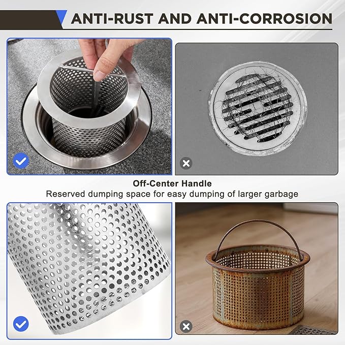 4" Diameter Commercial Floor Drain Strainer 4" Tall Perforated Cylindrical Mesh 316 Stainless Steel Drain Basket with Carry Handle –Heavy-Duty, for Restaurants, Kitchens, Factories
