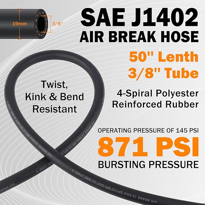 18 Pcs Brass 3/8” DOT Air Hose Male Connector Fittings with Spring Guards, Air Brake Hose End Fitting with Sleeve Tubes，50 Inch 3/8” Rubber Air Hose for Semi Truck Trailer Tractor