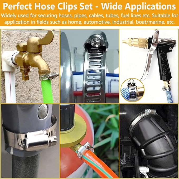 25 Pack Stainless Steel Hose Clamps Assortment Kit, Adjustable 8-57mm Worm Gear Hose Clamp Heavy Duty Duct Pipe Clamp for Plumbing, Fuel Line, Radiator, Mechanical, Automotive Application, Industrial