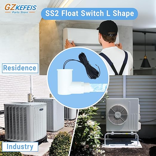 SS2 Float Switch L Shape, Compatible with Safe-T-Switch for HVAC Drain Pan Condensate Outlet, AC Water Level Switch with 3/4 Inch Adapter and 6Ft Wire (5, White)
