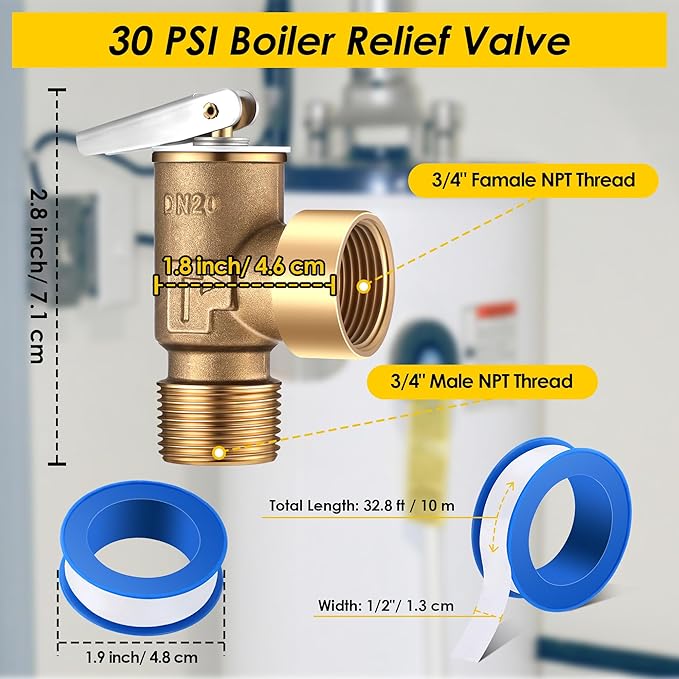 30 PSI Pressure Relief Valve, Boiler Relief Valve with 3/4 NPT Thread, PTFE Thread Seal Tape, Brass, for Hot Water and Cold Water Systems