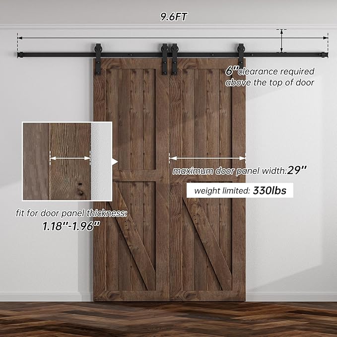 9.6FT Sliding Barn Door Hardware Kit for Double Door, Sliding Door Track, Easy to Install, Smoothly and Quietly, Fit 1.18-1.96" Thicknesses Fit Double 29" Wide Door(J Shape Hanger)