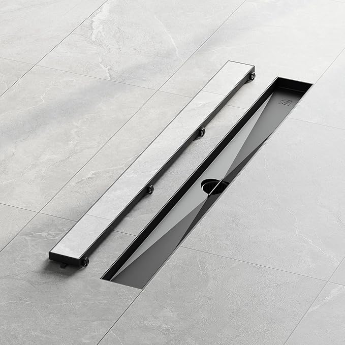 Neodrain 28-Inch Black Linear Shower Drain,with 2-in-1 Flat & Tile Insert Shiny Black Cover, Rectangle Shower Floor Drain, Floor Shower Drain with Adjustable Leveling Feet, Hair Strainer