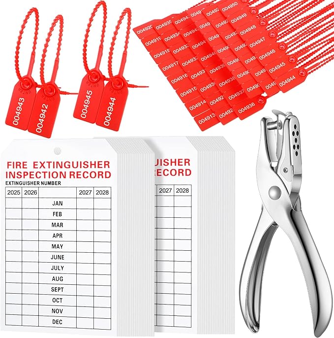 Chunful 101 Pieces Monthly Fire Extinguisher Inspection Tags 2025 to 2028 Maintenance Tags Plastic Tamper Seals Numbered Security with Handheld Hole Puncher(White)