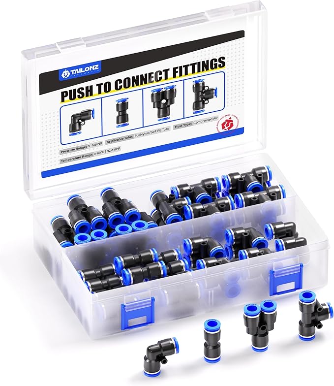 TAILONZ PNEUMATIC 1/4 Inch OD Push to Connect Fittings Pneumatic Fittings Kit 8 Spliters+10 Elbows+8 tee+10 Straight (36 pcs)