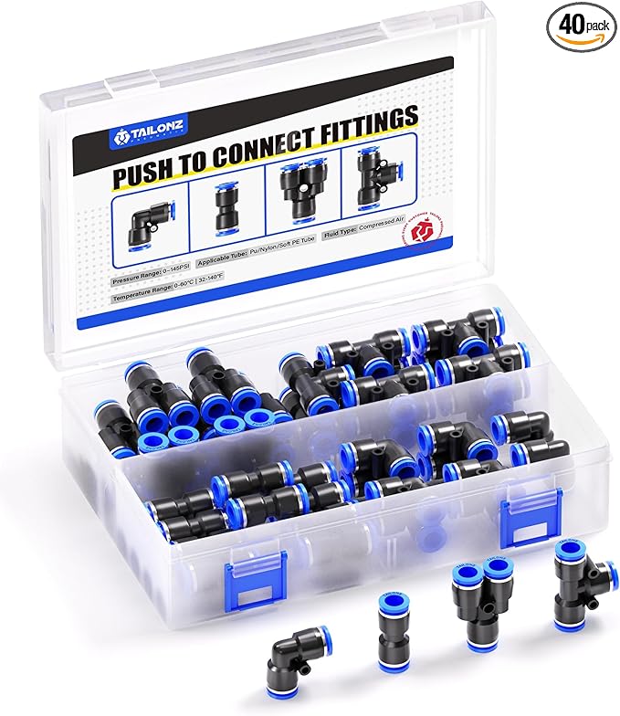 TAILONZ PNEUMATIC 5/32 inch or 4mm od Push to Connect Fittings Pneumatic Fittings Kit 10 Spliters+10 Elbows+10 tee+10 Straight (40 pcs)