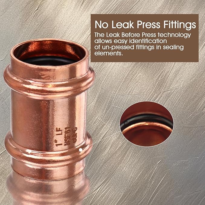 Copper Press Fittings,1inch Copper Coupling with Stop 1-Inch PxP Zero Lead,Outer Diameter 1-1/8”,6PCS Press Fittings 1” Coupling with Stop for Plumbing,Use with Hydraulic Press Fitting Tool
