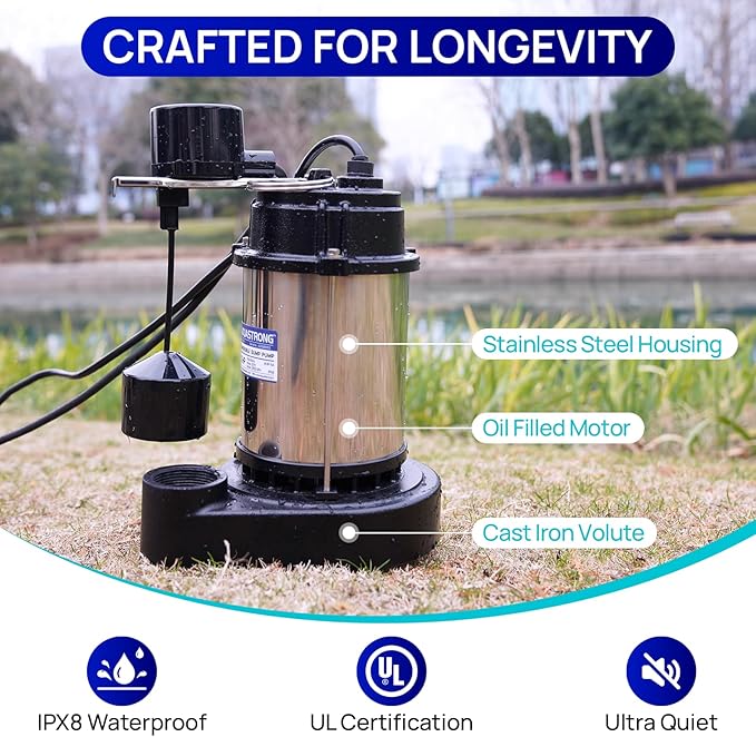 AQUASTRONG 1/2 HP Sump Pump Submersible, 3830 GPH Stainless Steel and Cast Iron Basement Water Pump, Automatic Integrated Vertical Float Switch with Piggy-back Plug,1-1/2" NPT Discharge Subpumps