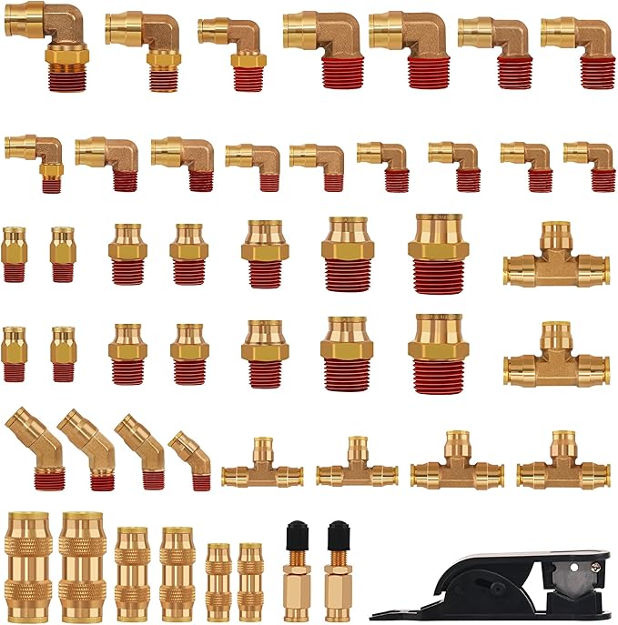 49 Pcs Brass DOT Air Line Fittings Assortment 1/8" 1/4" 3/8" 1/2" Air Line Quick Connect Push to Connect Air Hose Fittings Repair Kit for DOT Air Line Peumatic Tubing