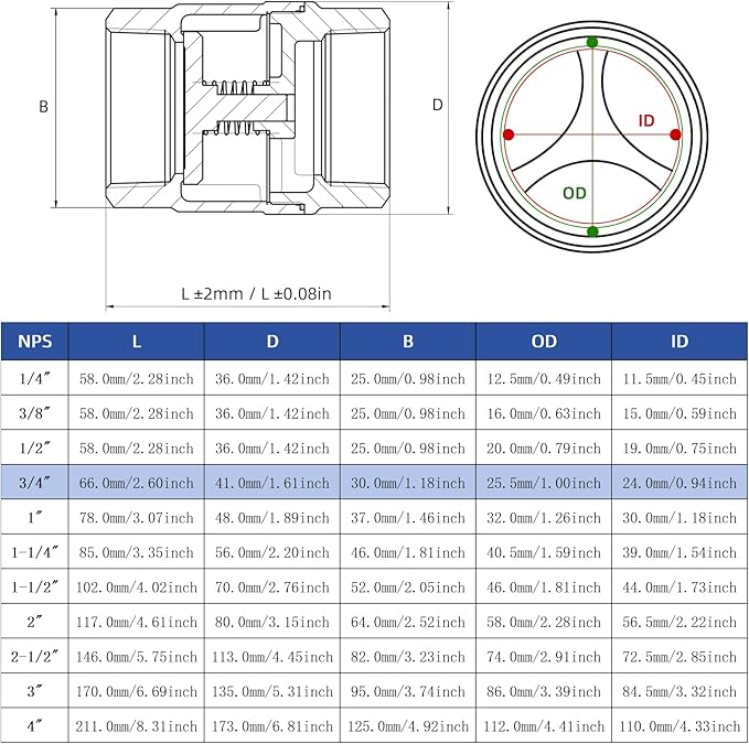 3/4" NPT Stainless Steel Spring Check Valve, WOG1000 NPT Thread unleaded In-Line Vertical Check Valve Non Return One Way Counterflow to Prevent the Medium Backflow for Oil Water Gas Air DN20