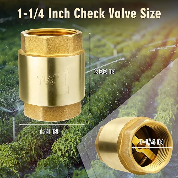 1 1/4-Inch Check Valve,Female NPT,No-Lead Brass,Female Pipe Thread Compatible with Most Pumps,Silent Check Valve,Prevents Backflow in Well or Irrigation Systems