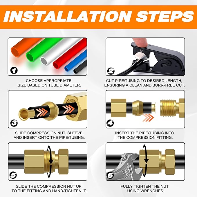 160 PCS Compression Fittings Assortment kit - 4 Sizes (1/4", 3/8", 5/16", 1/2") of Brass Compression Sleeve Ferrule & Insert - Used to Connect Lines for air,Water,Fuel,Oil and inert Gases