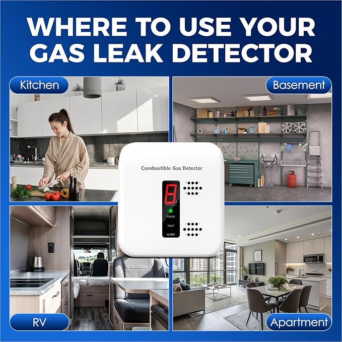Gas Leak Detector for Natural Gas, Propane, Methane, Butane & LPG – Plug-in Digital Alarm with Real-Time Concentration Display – Ideal for Kitchen, Home, Apartment & RV Safety