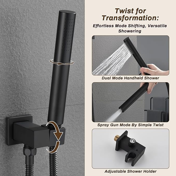 Rain Shower System Matte Black - 3-Function Shower Set, Ceiling & Wall Mount Combo with High-Pressure 2-in-1 Handheld, 30-Minute Easy DIY Install