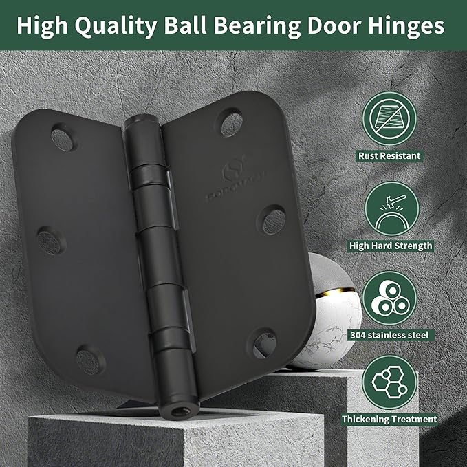 304 Stainless Steel 3.5 Inch Matte Black Door Hinges Interior Hinges 5/8" Radius Corners 3.5'' Ball Bearing Door Hinges- 3 Pack