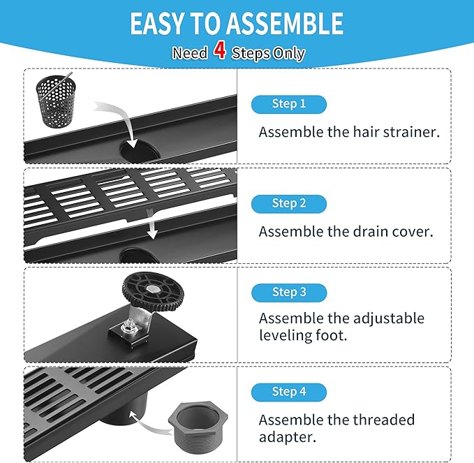 Linear Shower Drain 28 Inch, Professional Brushed SUS-304 Stainless Steel Shower Drain, 51L/Min Fast Drainage Floor Linear Drain, US Standard CUPC Certified, Matte Black, SD-109