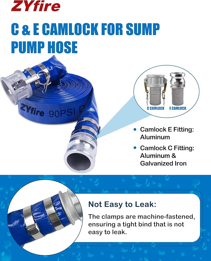 ZYfire Backwash Hose - 1-1/2" x 50 FT PVC Lay Flat Discharge Hose with Aluminum Camlock C & E Fittings Heavy Duty Reinforced Pump Discharge Hose Weather and Burst Resistant for Pool Drain, Sump Pump
