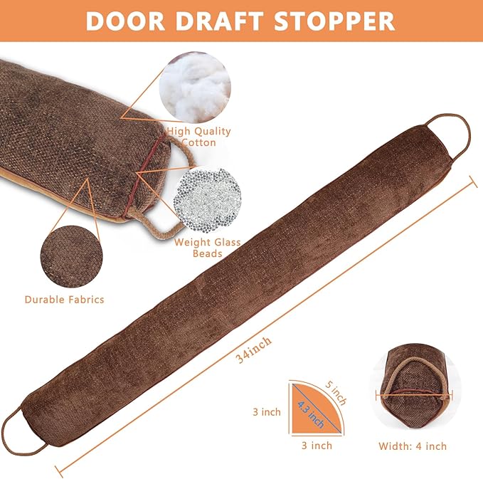 Triangle Under Door Draft Stopper Noise Blocker 34 Inches for Door Bottom Air Seal Insulation and Soundproof, Heavy Duty Weather Guard Snake Stripping, Brown