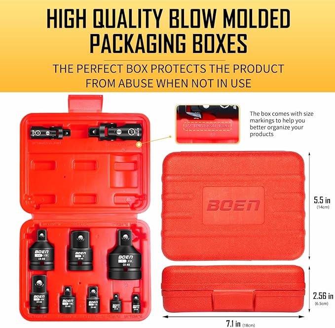 BOEN 10-Piece Impact Socket Adapter and Reducer Set, Standard SAE 1/4" 3/8" 1/2" 3/4", CR-MO Steel Driver & Wrench Conversion Kit Socket Reducer with 3/8" & 1/2" Universal Joint