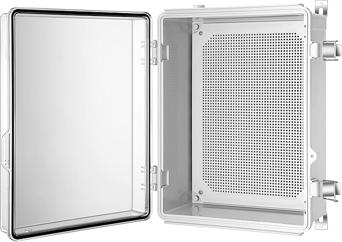 Junction Box, IP67 Waterproof Plastic Enclosure for Electrical Project, Hinged Grey Cover, Includes Mounting Plate and Wall Bracket (Transparent Cover, 16.1"x12.2"x7.1")