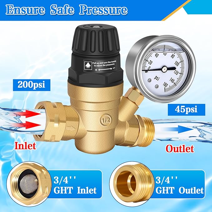 RV Water Pressure Regulator with Adjustable Handle, Water Pressure Regulator for RV Camper, Upgrade Water Pressure Reducer for RV, Fit for RV Water Pressure Adjust Style 1