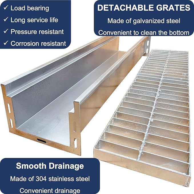 304 Stainless Steel Channel Drain with Galvanized Steel Grate 39.4x9x6 in, B-Class 28100 lbs Heavy-Duty Drain Kit for 3" Pipe, Trench Drainage System for Outdoor, Driveway, Garage, Yard