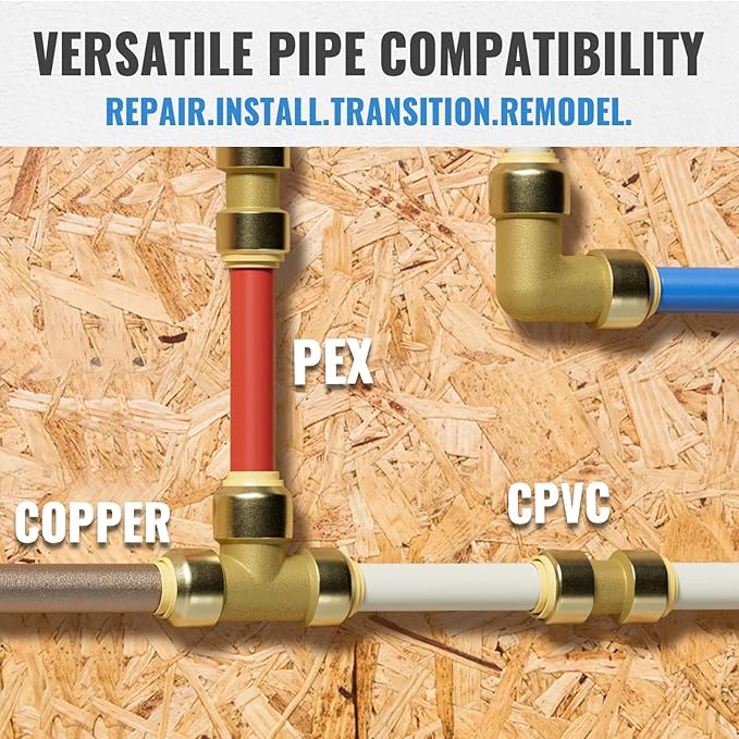 SUNGATOR Push Fitting Set, 1/2 Inch Plumbing Fitting Elbow (5 PCS), 3/4 Inch Plumbing Fitting Elbow (3 PCS), No Lead Brass Push to Connect Pex, Copper, CPVC, with 2 Disconnect Clips, Pack of 8