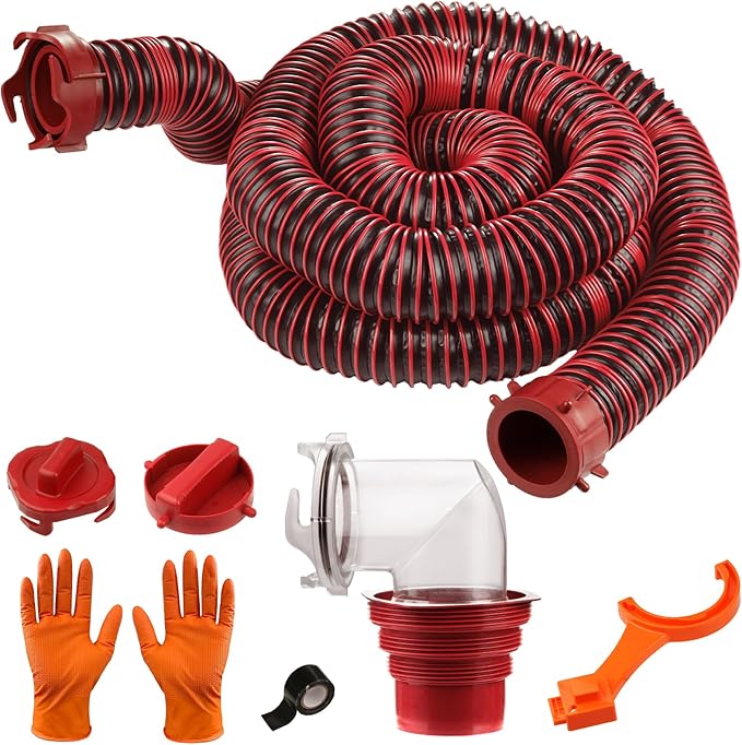 20FT RV Sewer Hose Kit: Heavy Duty Camper Waste Hose with Leak-Proof Swivel Fittings, 90° Clear Elbow, 4-in-1 Adapter, TPE Tech for Crush-Proof and UV-Resistant