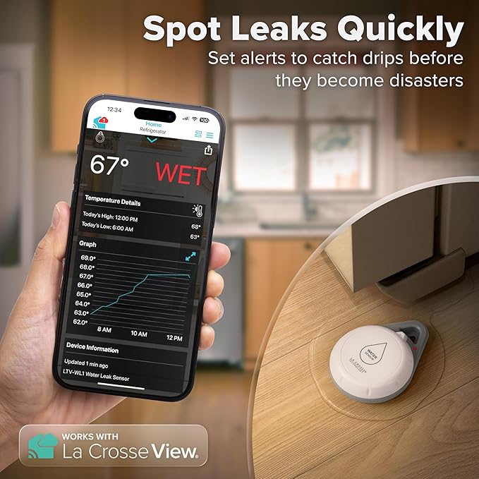 Leak Geek Advanced Wi-Fi Alert System with The Bridge Gateway, 2 Water Spot Detection Sensors, and a Water Leak Area Detection Sensor with 76-inch Cable